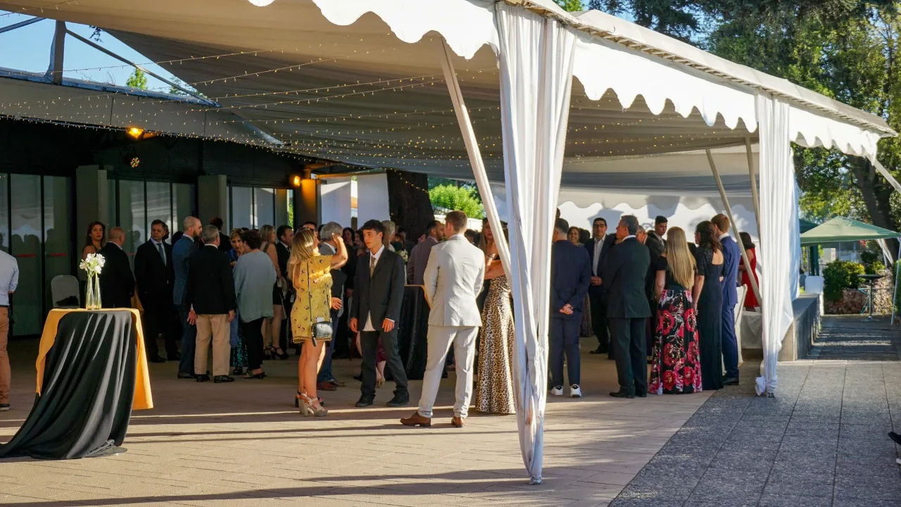 Terraza del Salón Central con carpa blanca e iluminación LED